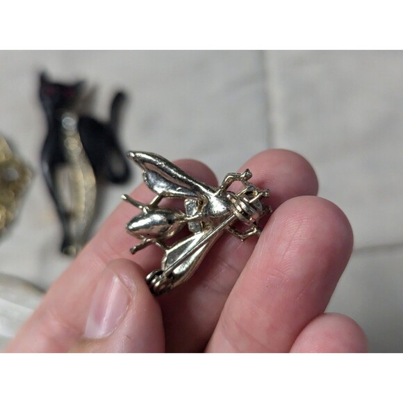 Lot Of 4 Vintage Pins Black Cat Fly Bee Leaf Cabochon Norway Sterling - Picture 9 of 16